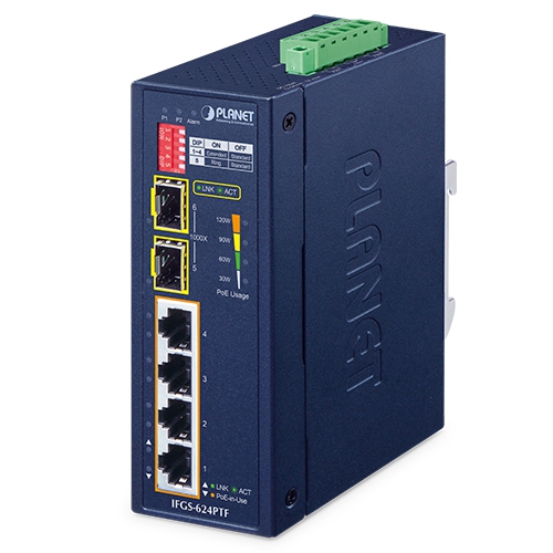 IFGS-624PTF Промышленный неуправляемый коммутатор/4 RJ45 PoE 100M/2 SFP 1G