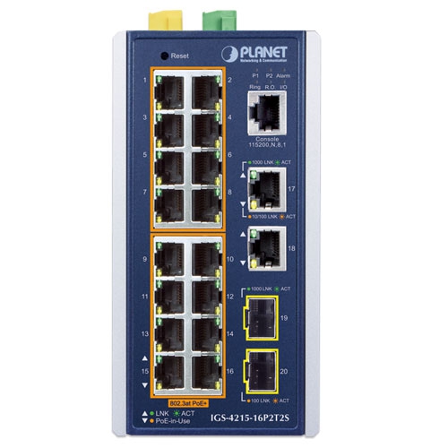 IGS-4215-16P2T2S Промышленный управляемый коммутатор L2/L4 /16 RJ45 PoE 1G/2 RJ45 1G/2 SFP 1G