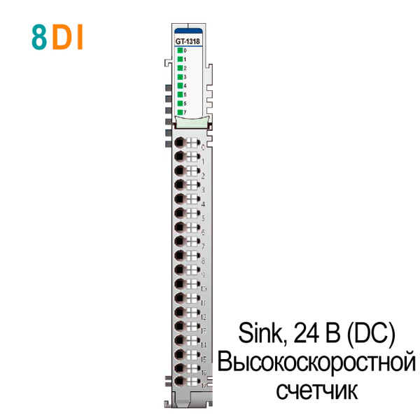 GT-1318 Дискретный ввод, 8DI, 24 В (DC), Sink, 3-проводной, Высокоскоростной счетчик, RTB 18